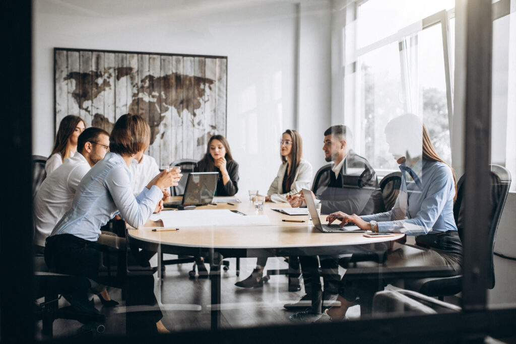 group people working out business plan office